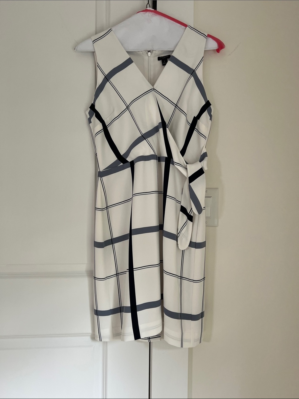 Ann Taylor Cream Midi Wrap Dress with Black and Gray Windowpane